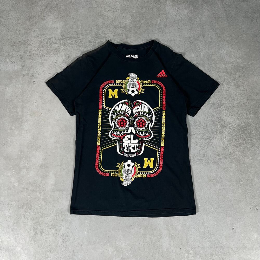 El Tri Viva Mexico Sugar Skull Adidas Black T Shirt Size Small Dia De Muertos